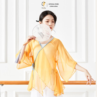  Áo múa cổ trang xẻ tà buộc dây vàng COTRASHOP voan tơ cao cấp ca3 