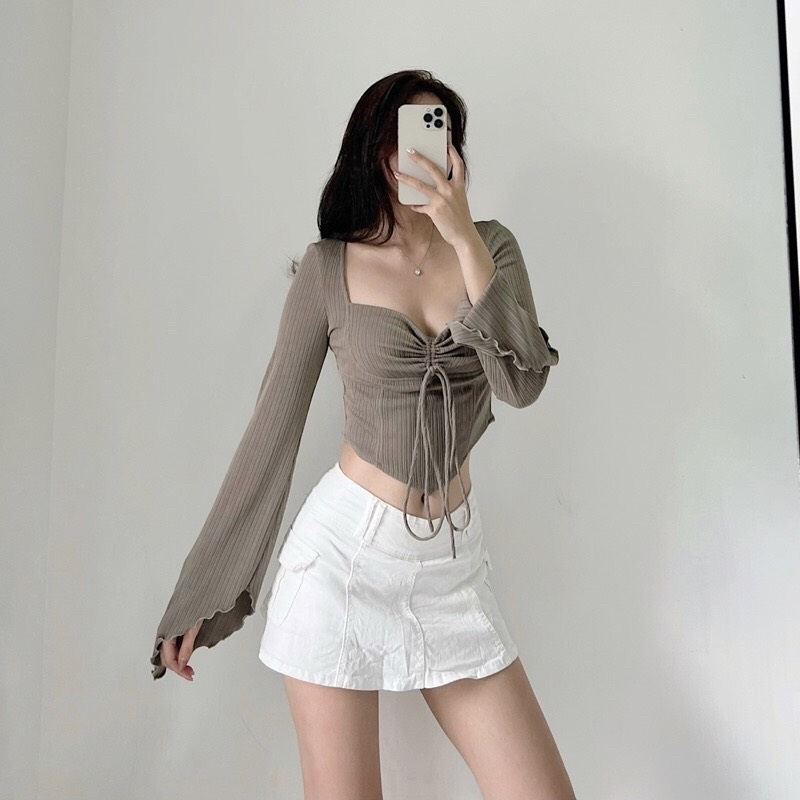 Áo croptop tay loe vạt nhọn hack eo 3A12, áo thun Shopmin