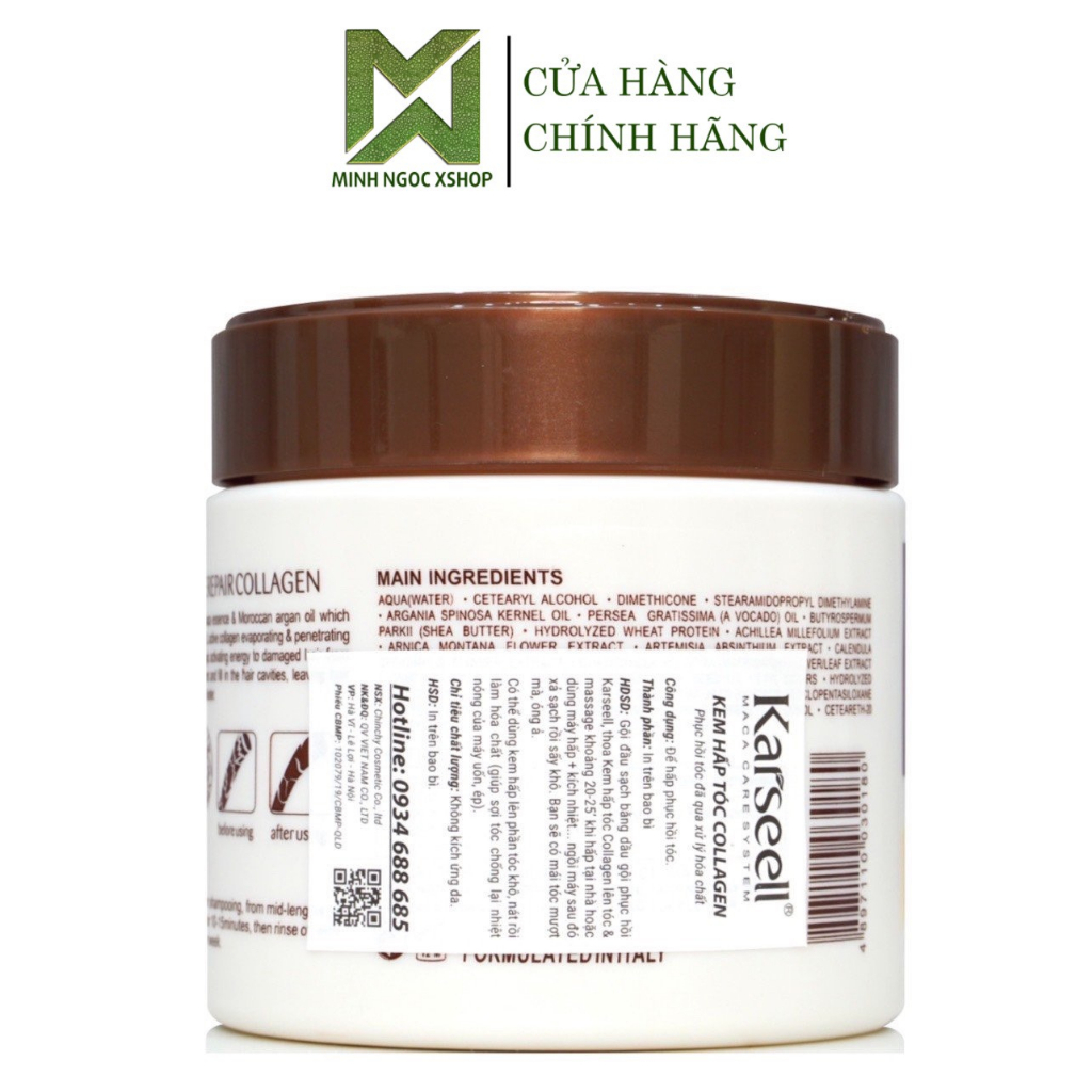 Kem ủ tóc, dầu hấp phục hồi siêu mượt Karseell Collagen 500ml dạng hũ chính hãng