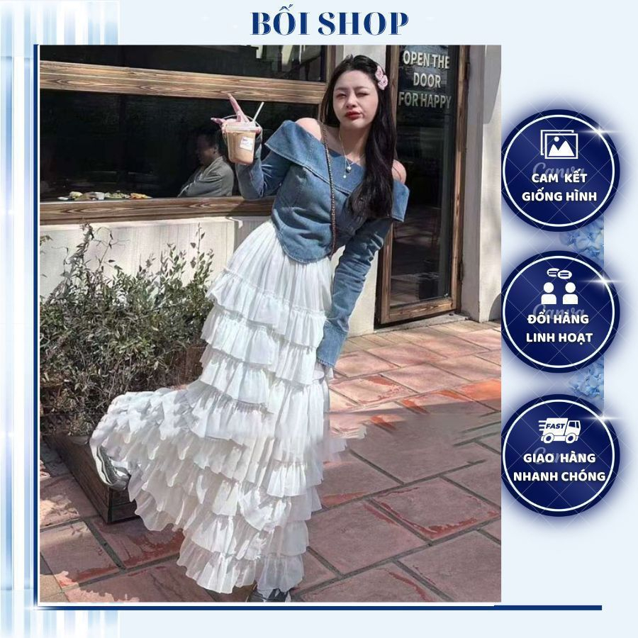 Áo bò trễ vai jeans dài tay dáng cực yêu Bối Shop SP003633