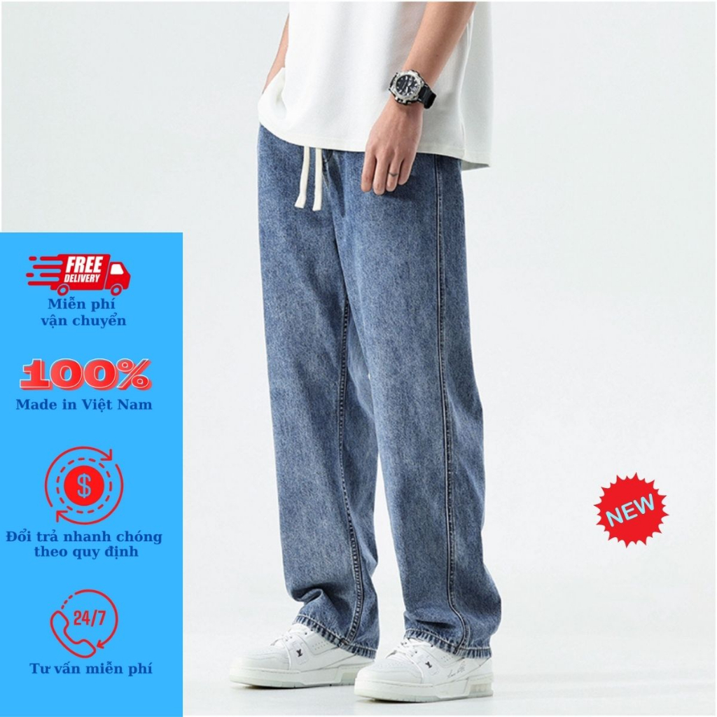 Quần baggy nam ống suông cạp chun phong cách Hàn Quốc – Quần jean nam ống rộng có dây rút bản to hàng đẹp loại 1
