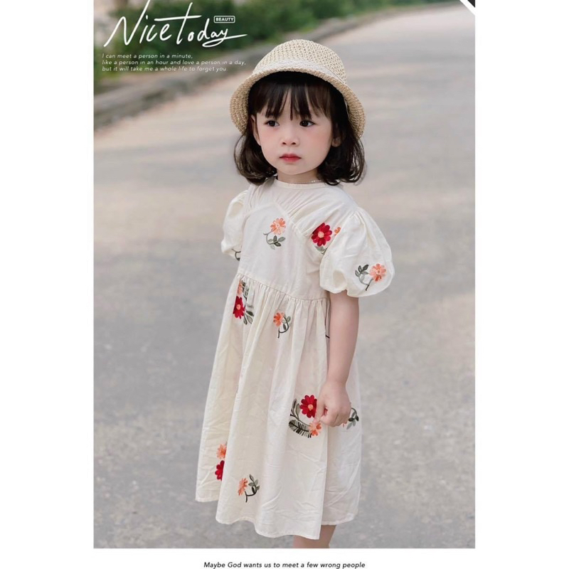 Váy bé gái,Váy babydoll hoa thêu cho bé gái 10 đến 30kg V0101