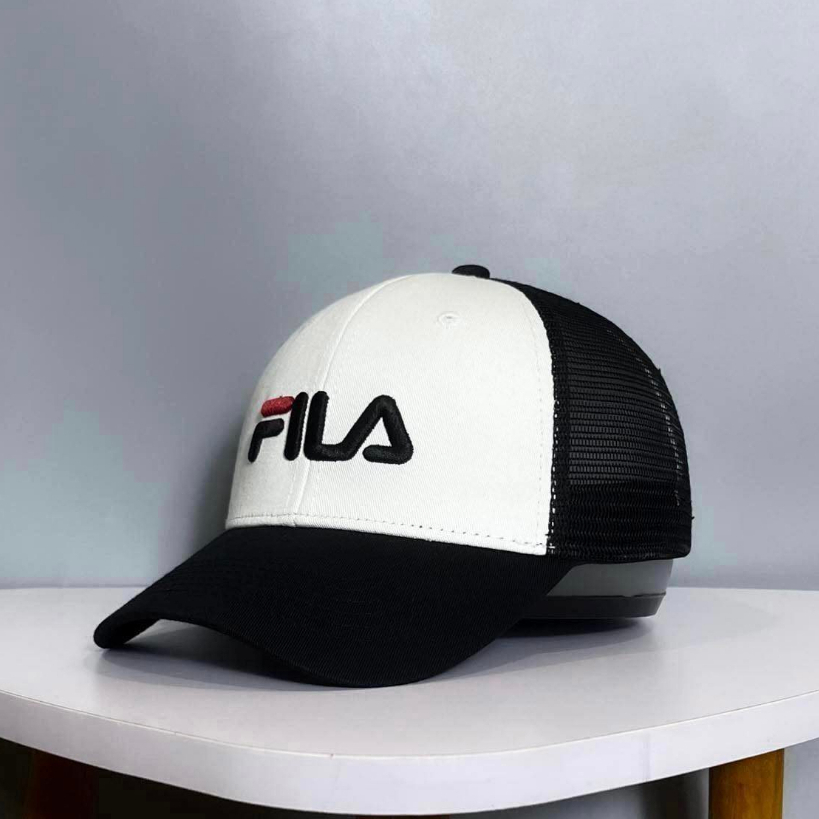 Nón kết phối lưới Mũ lưỡi trai Fila đen trắng logo thêu, mũ thể thao dã ngoại nam nữ phối lưới cho du lịch, tập gym.