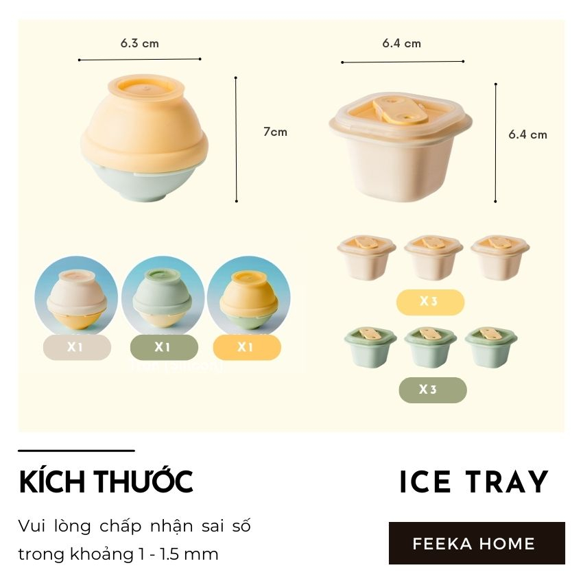 Khay đá silicon tròn size to FEEKA có nắp thông minh, combo x 3 khuôn làm đá – kem silicon kết hợp