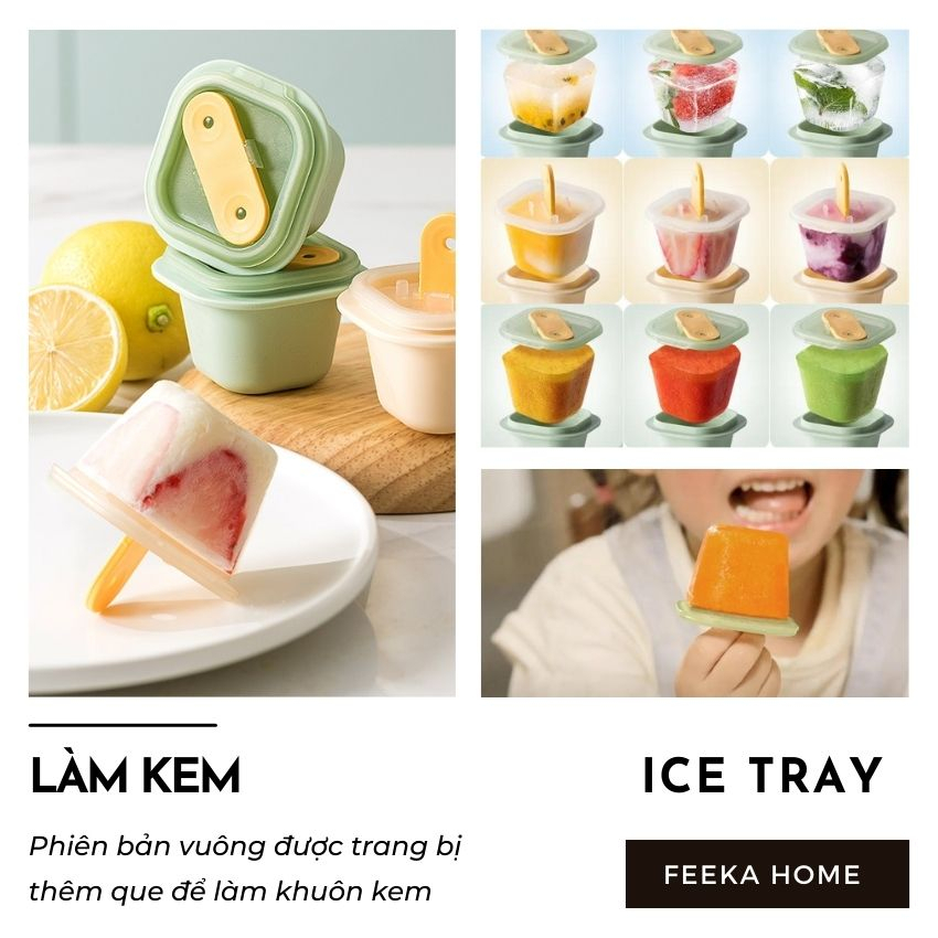 Khay đá silicon tròn size to FEEKA có nắp thông minh, combo x 3 khuôn làm đá – kem silicon kết hợp