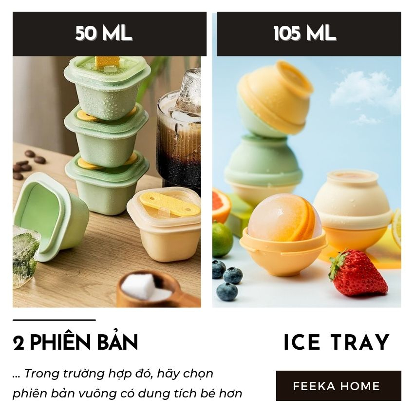 Khay đá silicon tròn size to FEEKA có nắp thông minh, combo x 3 khuôn làm đá – kem silicon kết hợp