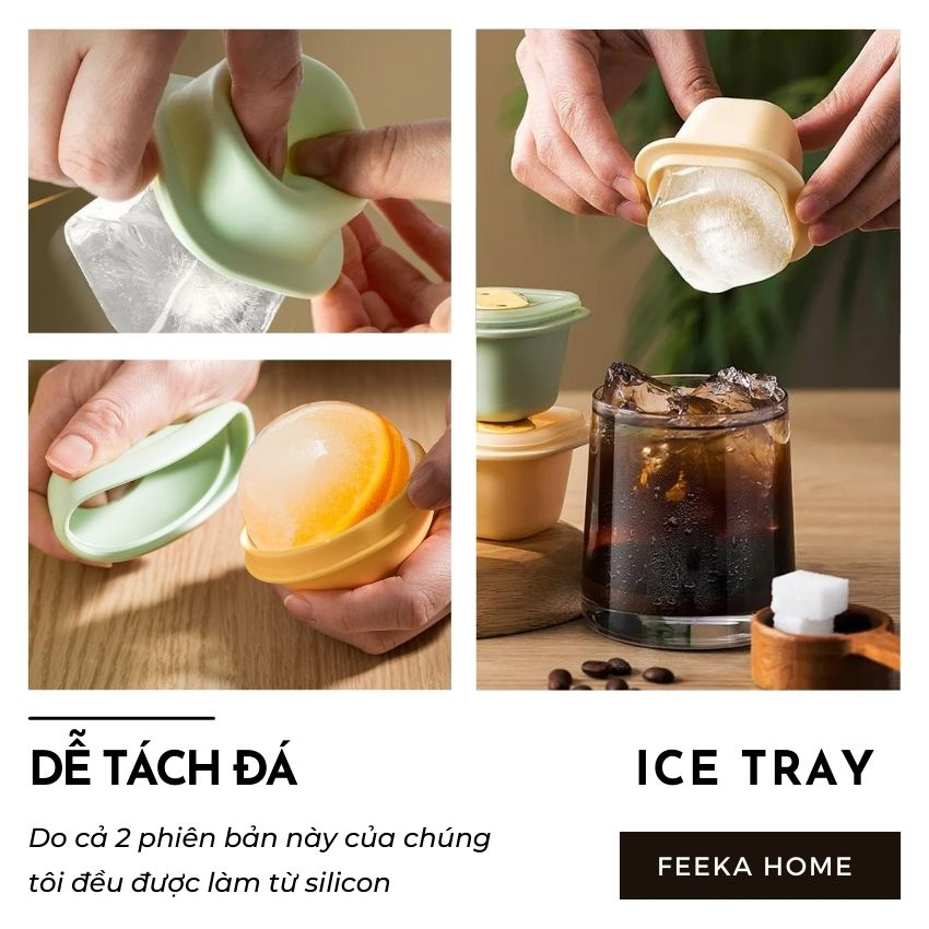 Khay đá silicon tròn size to FEEKA có nắp thông minh, combo x 3 khuôn làm đá – kem silicon kết hợp