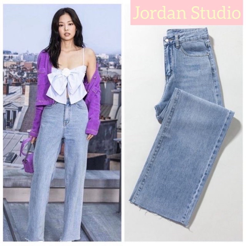 Quần jeans ống suông xanh nhạt không gấu giống Jennie Blackpink