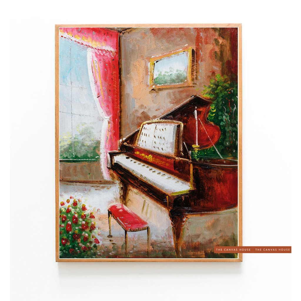 Tranh in Canvas Cây Đàn Piano Bên Ô Cửa (Đã có khung, móc, đinh treo) - The Canvas House