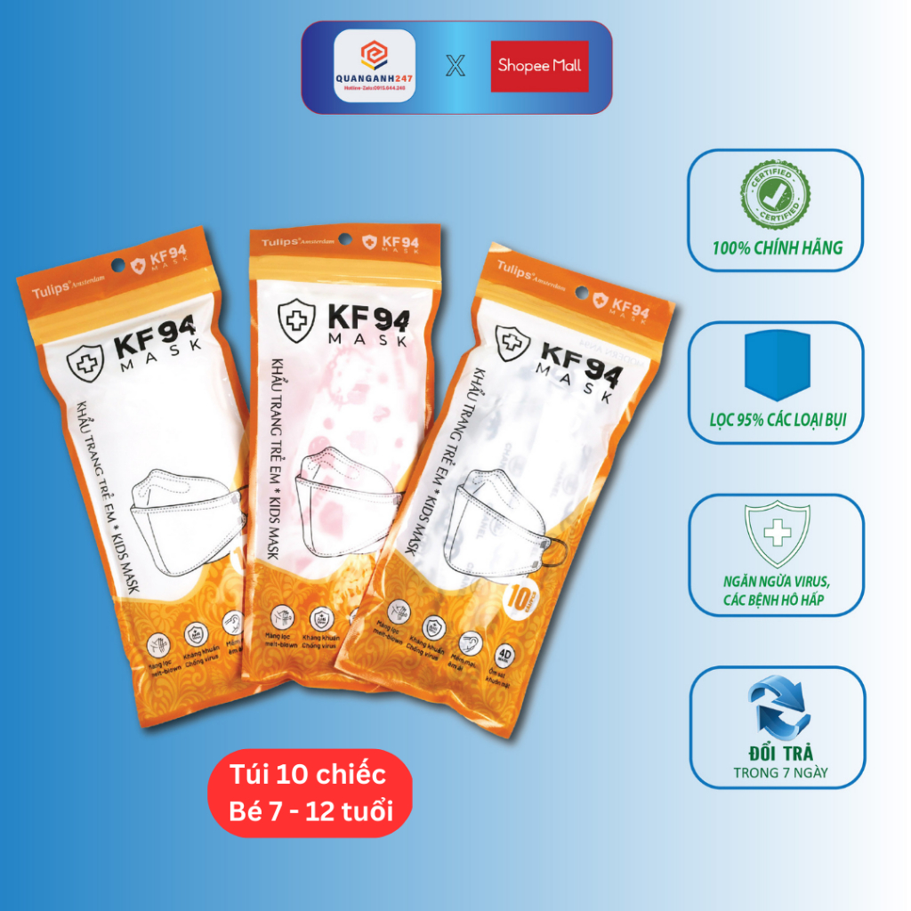 Túi 10 khẩu trang Y tế trẻ em từ 7-12 tuổi 4D kháng khuẩn KF94 lọc bụi chống tia UV họa tiết dễ thương - Tulips