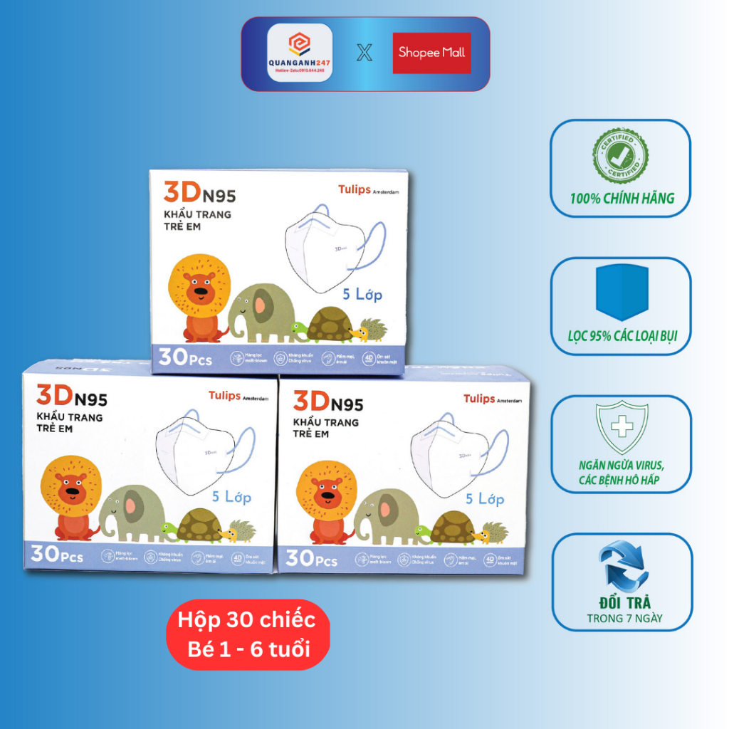 Hộp 30 cái khẩu trang 3D N95 Kids không van Tulips cho bé 1-6 tuổi