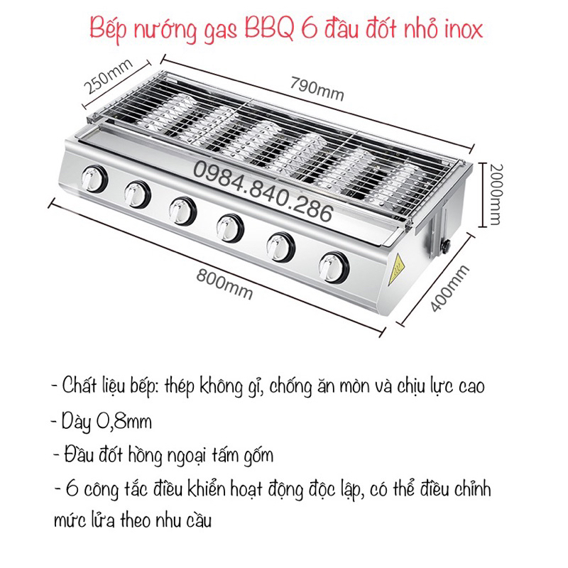 Bếp nướng BBQ bằng gas 6 đốt ngắn inox