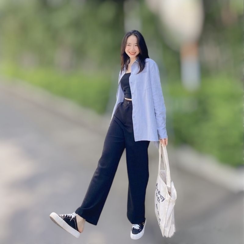 Quần culottes cạp cao dáng xuông ống rộng chất tuyết mưa không xù Nineteen Shop