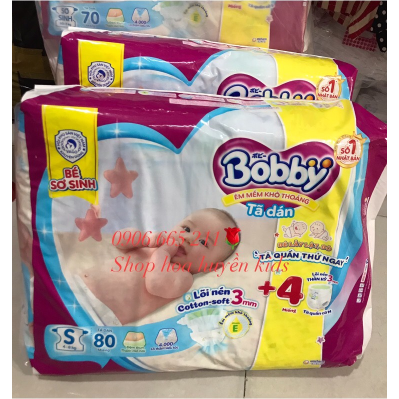Tã dán sơ sinh Bobby 4-8kg Bĩm dán sơ sinh 80m /54m / 29m tặng kèm 6 miếng
