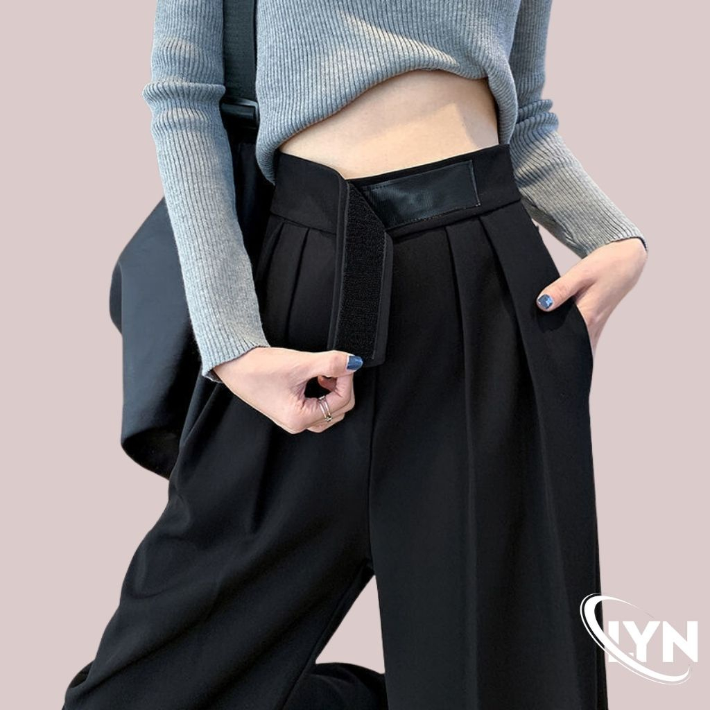 Quần tây nữ LYNNN STORE ống rộng lưng cao cạp dán dáng xuông đứng dài vải mềm Quần ống rộng suông nữ dài đên 108cm