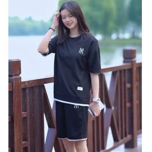 Bộ quần áo thể thao nữ mùa hè, set quần áo nam nữ cotton côc tay thêu logo phong cách trẻ trung năng động