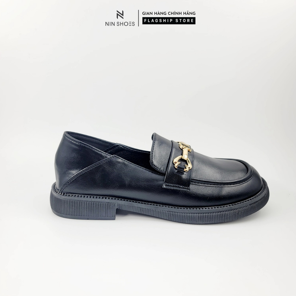 Giày bệt nữ Ninshoes đế độn răng cưa mũi tròn tag xích chữ L vàng siêu xinh