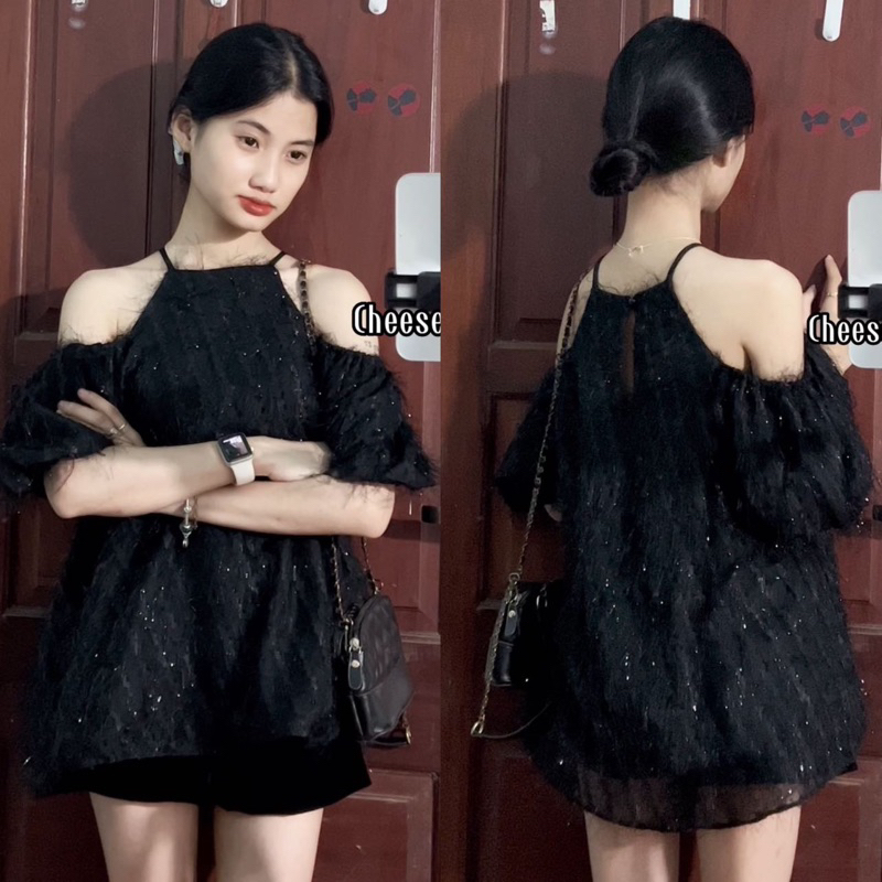 Áo cổ yếm tay bồng voan tơ lông vũ đen/hồng/da/xanh bơ/trắng