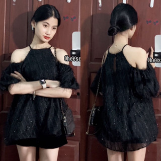 Áo cổ yếm tay bồng voan tơ lông vũ đen/hồng/da/xanh bơ/trắng_ORIMI