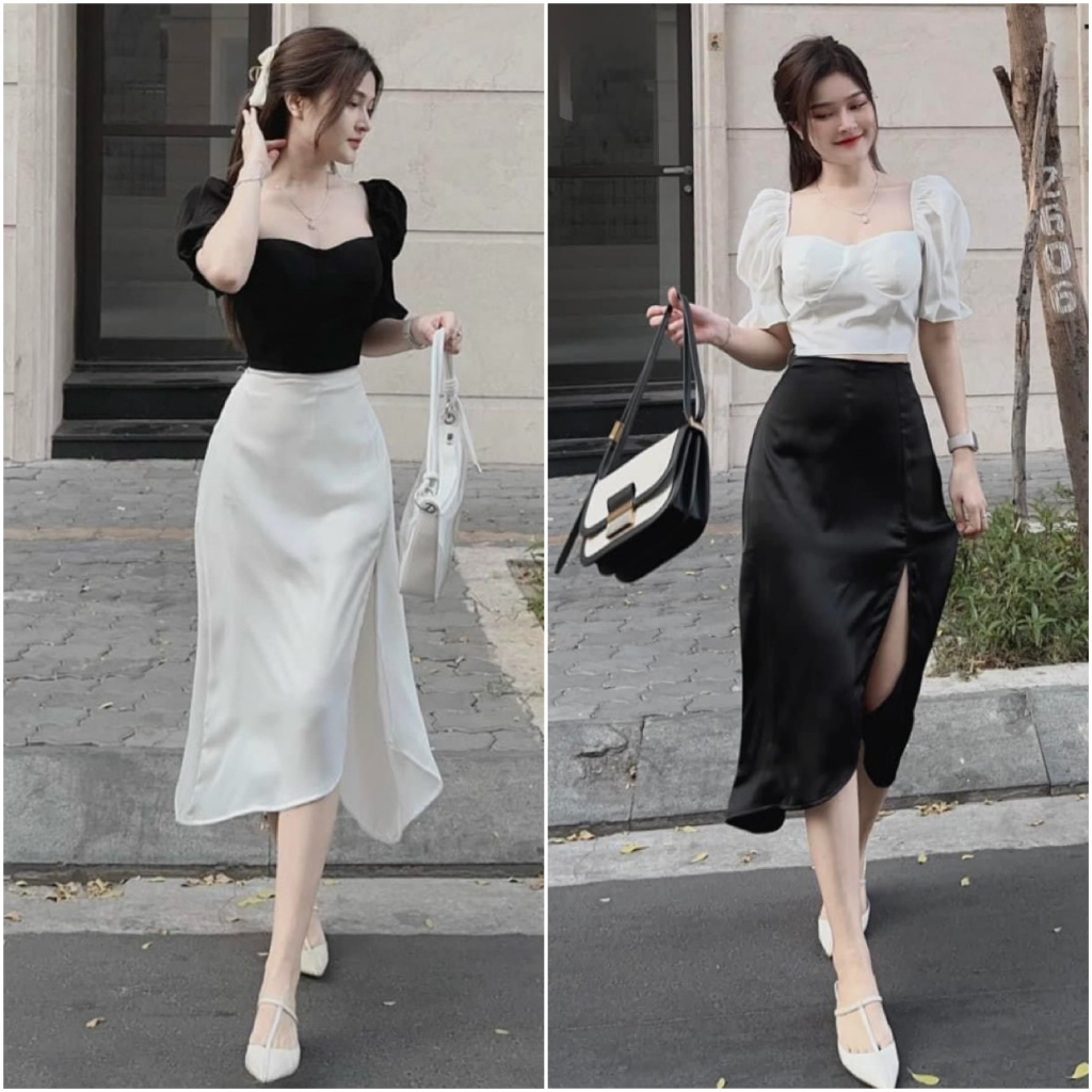 Set đầm váy nữ áo kiểu tay phồng cúp ngực mix chân váy dài xẻ tà tôn dáng dành cho các nàng đi tiệc, hẹn hò siêu xinh.