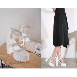 Giầy sandal cao gót đế xuồng ,bít gót bản 3 quai ngang đính đá,đế đúc răng cưa cao 14cm