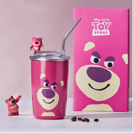 Ly nước giữ nhiệt Gấu Dâu LOSTO dung tích 400ml , Bình nước hình gấu dễ thương tặng kèm ống hút