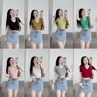 Áo Thun Croptop Cổ Tim Tay Ngắn Thun Gân Xịn