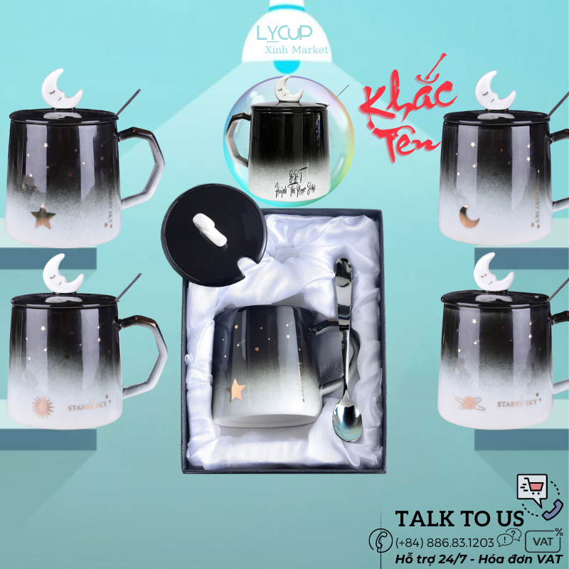 Cốc sứ UNIVERSE - KHẮC TÊN THEO YÊU CẦU ý nghĩa, ly sứ CÓ NẮP và THÌA, dung tích 400ml, HÔP QUÀ TẶNG in logo, in hình