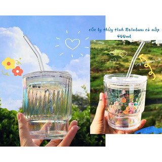 Cốc ly thủy tinh rainbow có nắp ống hút/ ly thủy tinh cốc glass 400ml
