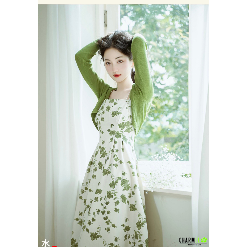 Đầm 2 Dây Hoa Nhí Xanh Kèm Chuỗi