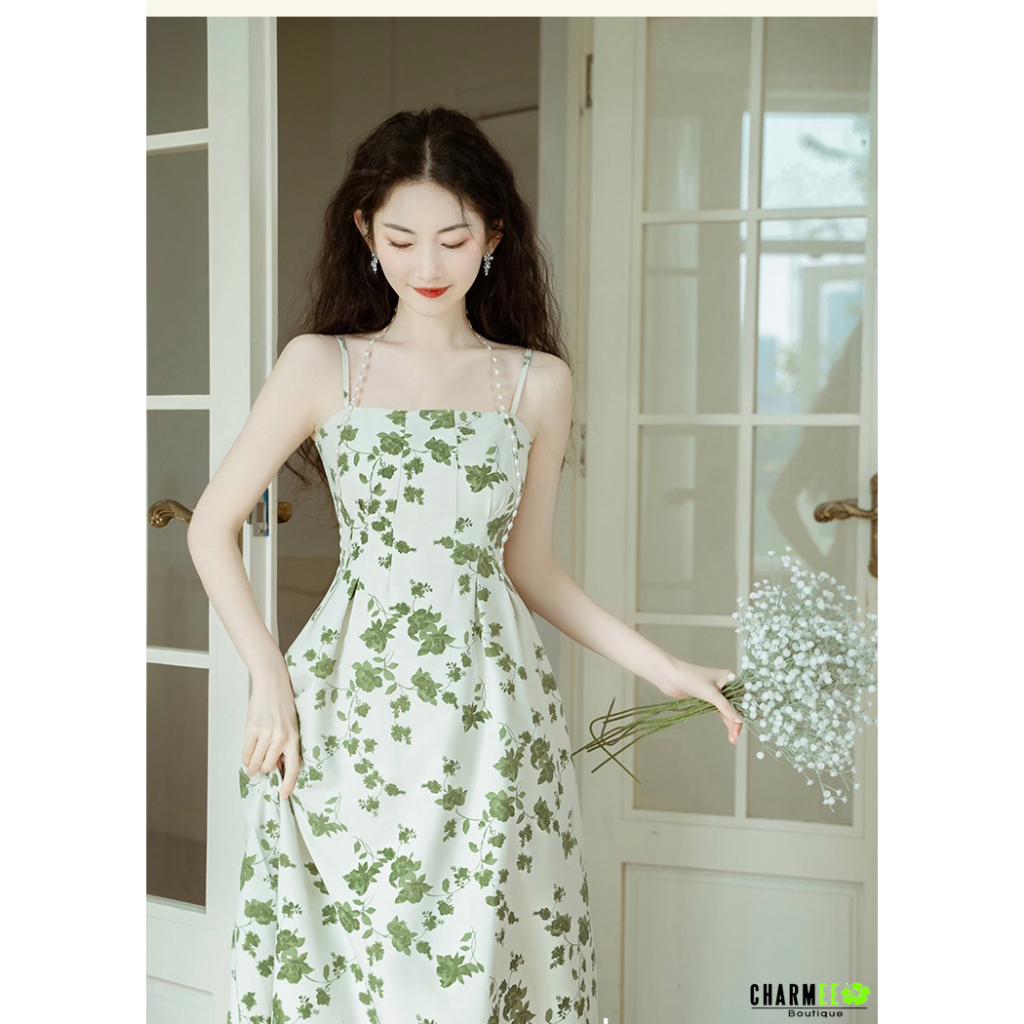 Đầm 2 Dây Hoa Nhí Xanh Kèm Chuỗi
