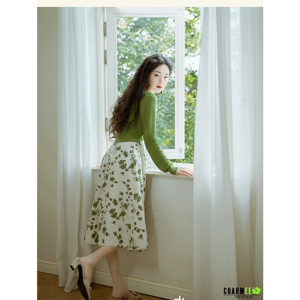 Đầm 2 Dây Hoa Nhí Xanh Kèm Chuỗi