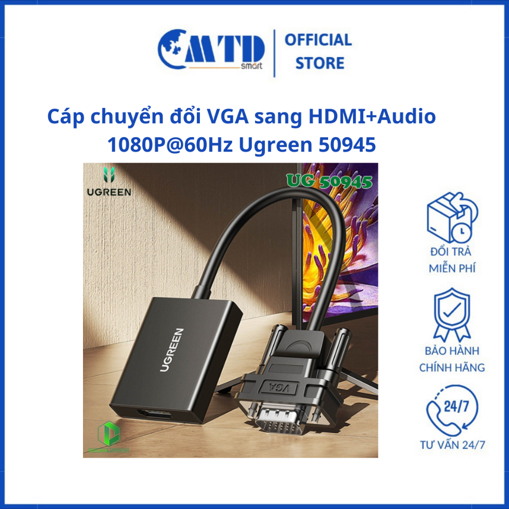 Cáp chuyển đổi VGA sang HDMI+Audio 1080P@60Hz Ugreen 50945 - Bảo hành 18 tháng