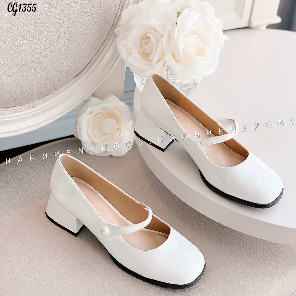 Giày cao gót nữ Hà Huyền Shoes da bóng quai ngang nút ngọc gót vuông 3 phân - CG1355