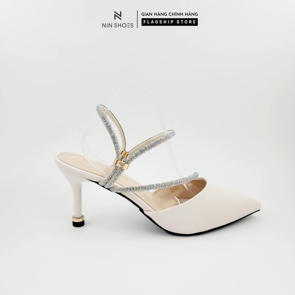 Sandal nữ Ninshoes quai đính đá chéo đi được 2 kiểu cao gót 7 phân bít mũi nhọn gót nhọn