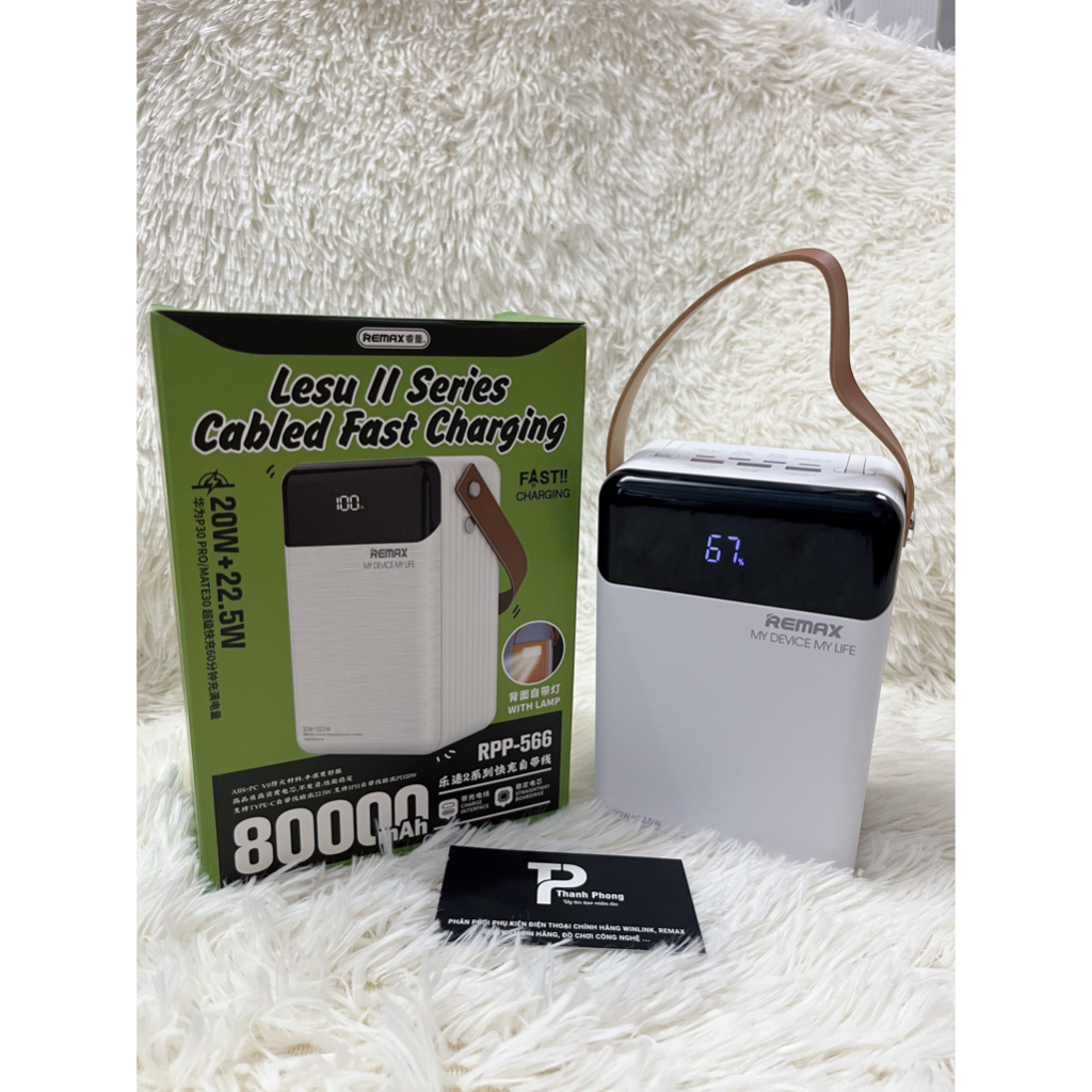Pin sạc dự phòng REMAX RPP-566 80000MAH QC3.0+PD 22.5W, có quai xách kèm 2 cáp sạc, có đèn pin
