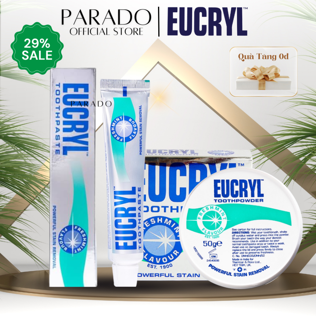 Kem Đánh Răng Bạc Hà Eucryl Toothpaste Trắng Răng Thơm Miệng & Bột Tẩy Trắng Cho Răng Nhạy Cảm