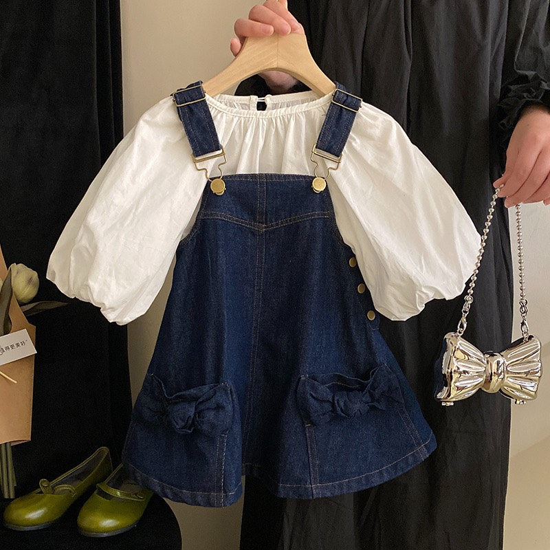 Áo Sơ Mi Tay Bồng , Váy Denim Nơ Hàng QC Cao Cấp Bé Gái