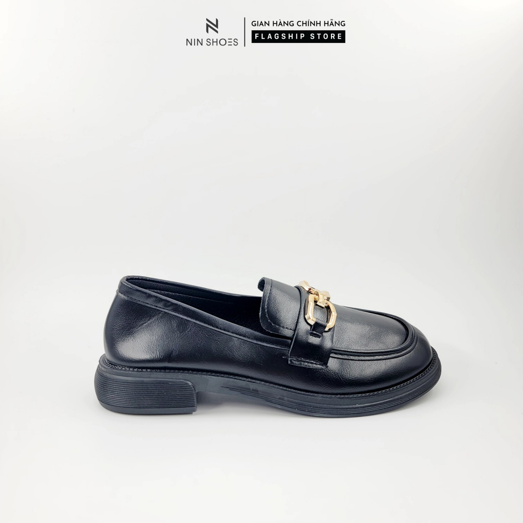 Giày bệt nữ Ninshoes oxford đế độn răng cưa mũi tròn tag xích vàng 2 ô nối nhau