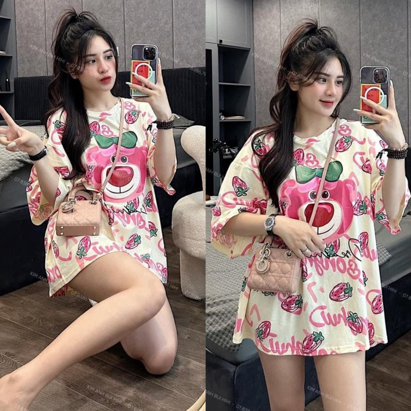 Áo Thun Gấu Dâu Lotso Hoạ Tiết Chữ Hồng Hàng Loại 1 Dáng Rộng Siêu Hot