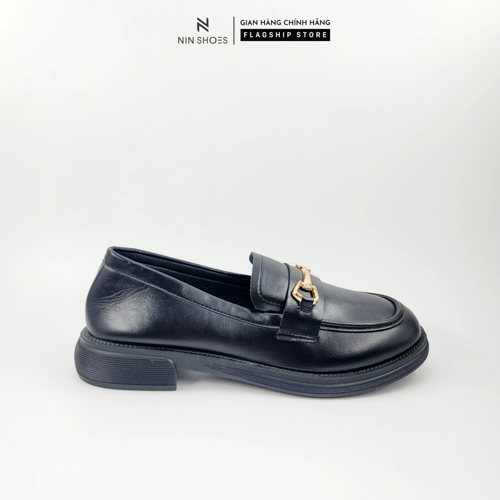 Giày bệt nữ Ninshoes đế độn răng cưa mũi tròn tag xích vàng thẳng khuy nối nhau êm chân