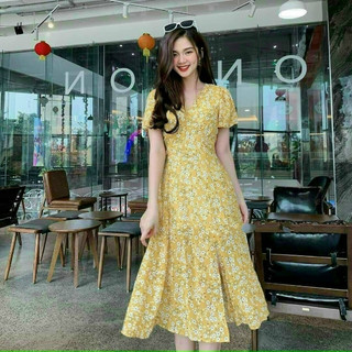 Váy đầm nữ dáng suông cổ V xẻ tà họa tiết hoa nhí chất lụa mềm mịn thoải mái tự tin dạo phố T697 - Yado