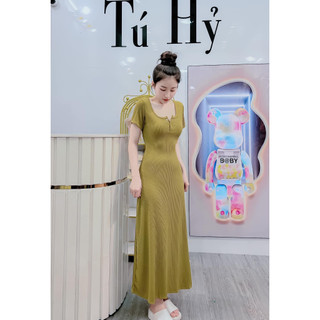 Đầm body thun gân tay ngắn cổ u cài nút kiểu xòe nhẹ đuôi cá mặc thoải mái