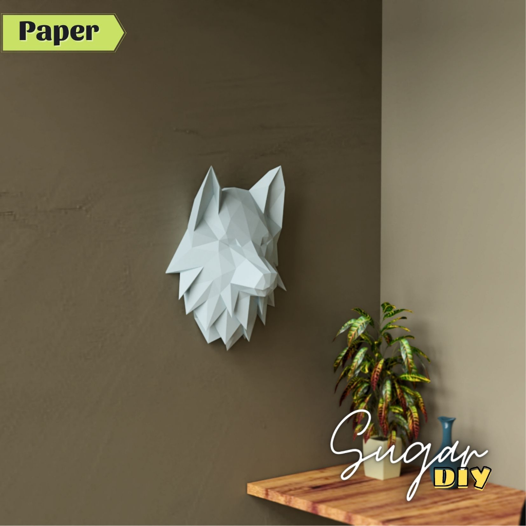 Đầu sói treo tường 50cm - Mô hình giấy DIY màu trắng