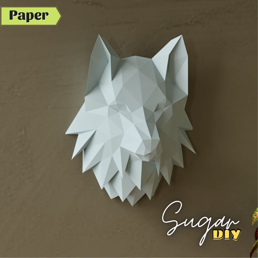 Đầu sói treo tường 50cm - Mô hình giấy DIY màu trắng