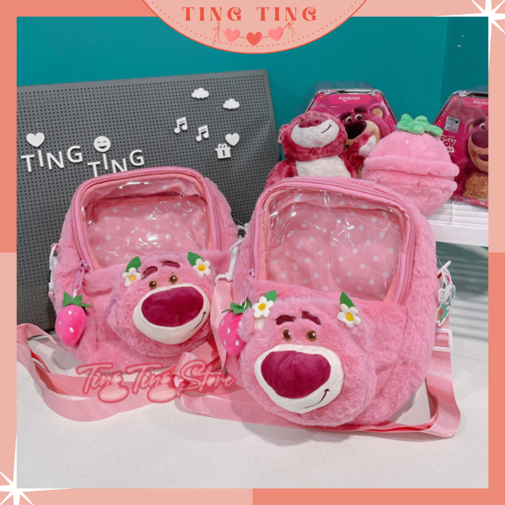 Túi đeo chéo trong suốt gấu dâu Lotso nhồi bông hai ngăn hình chữ nhật dễ thương _ Ting Ting
