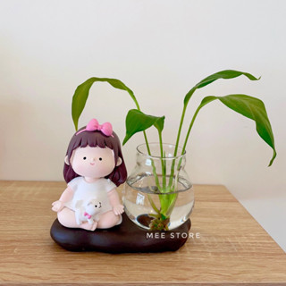 Chậu trồng cây thuỷ sinh kèm tượng bé tập yoga dễ thương trang trí bàn làm việc, bàn học, kệ sách, nhà cửa - Mee Store