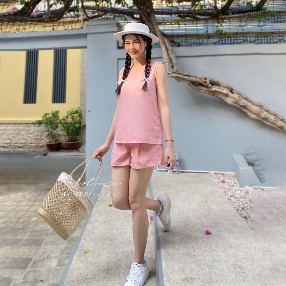 Bộ đồ nữ mặc hè YOLINEN áo sát nách suông nhẹ và quần đùi lưng cao trẻ trung vải linen thoáng mát