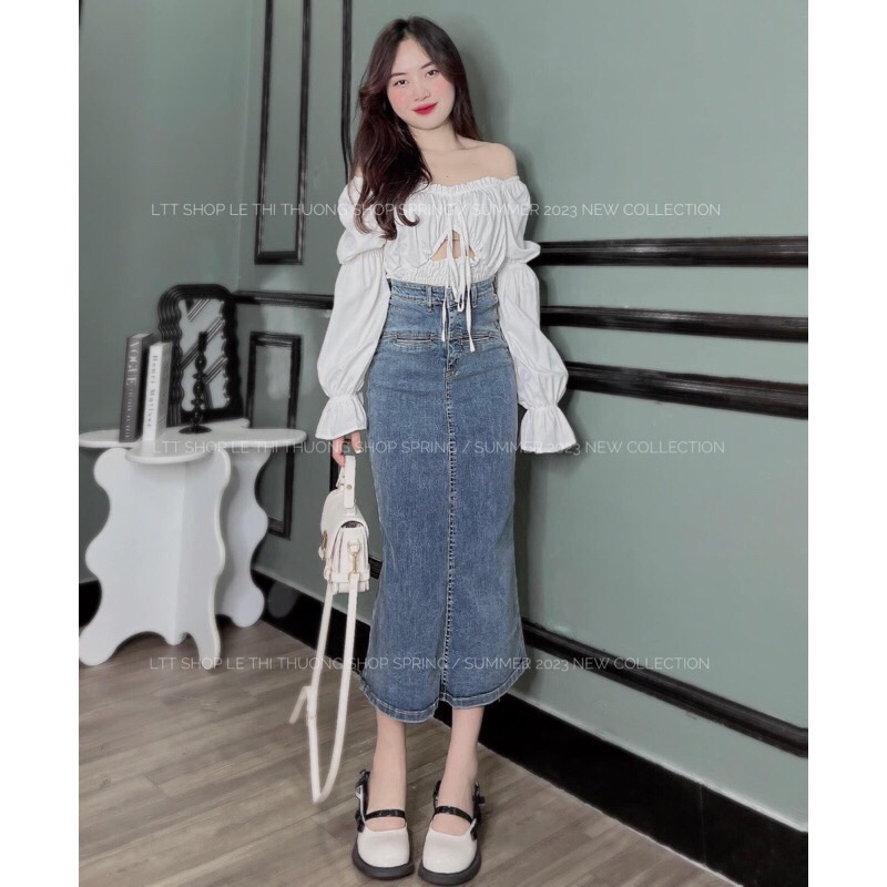Chân váy jean dài co giãn xẽ lai chéo tà