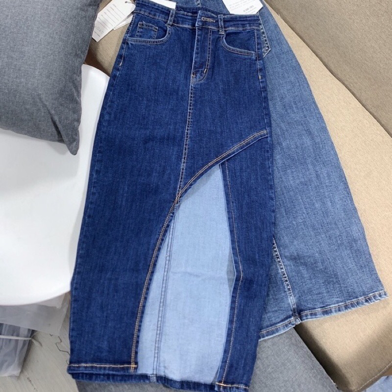 Chân váy jean dài co giãn xẽ lai chéo tà